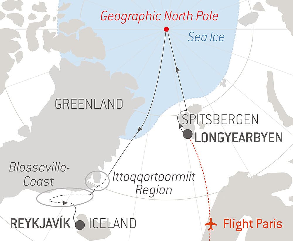 The Geographic North Pole and the east coast of Greenland null
